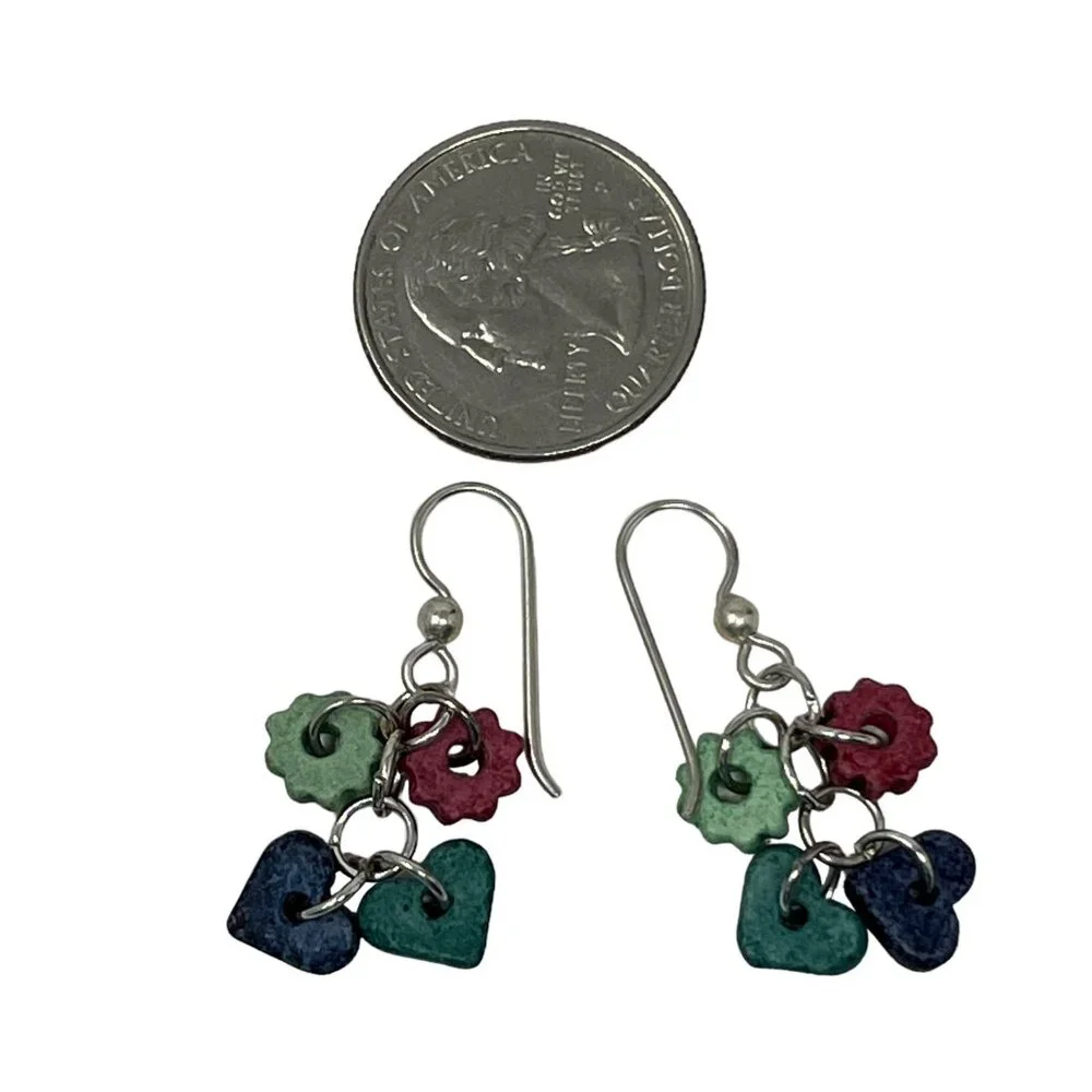 Handcrafted‎ Earrings Silver Tone Dangle Wire Ceramic Beads Hearts Cogs